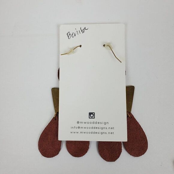 Artisan Cognac Red Brown Genuine Suede Leather Round Teardrop Dangle Earrings - Picture 5 of 6